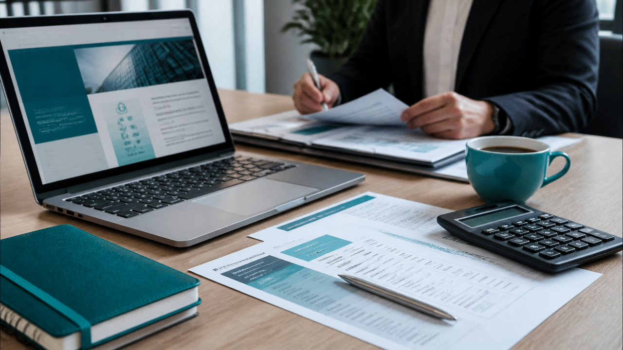 Mesa com proposta comercial, planilhas e calculadora para precificação de serviço de BPO financeiro