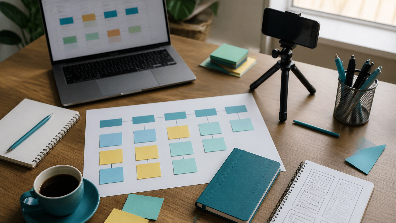 Mesa com roteiro, notebook e celular usados no planejamento de um curso online