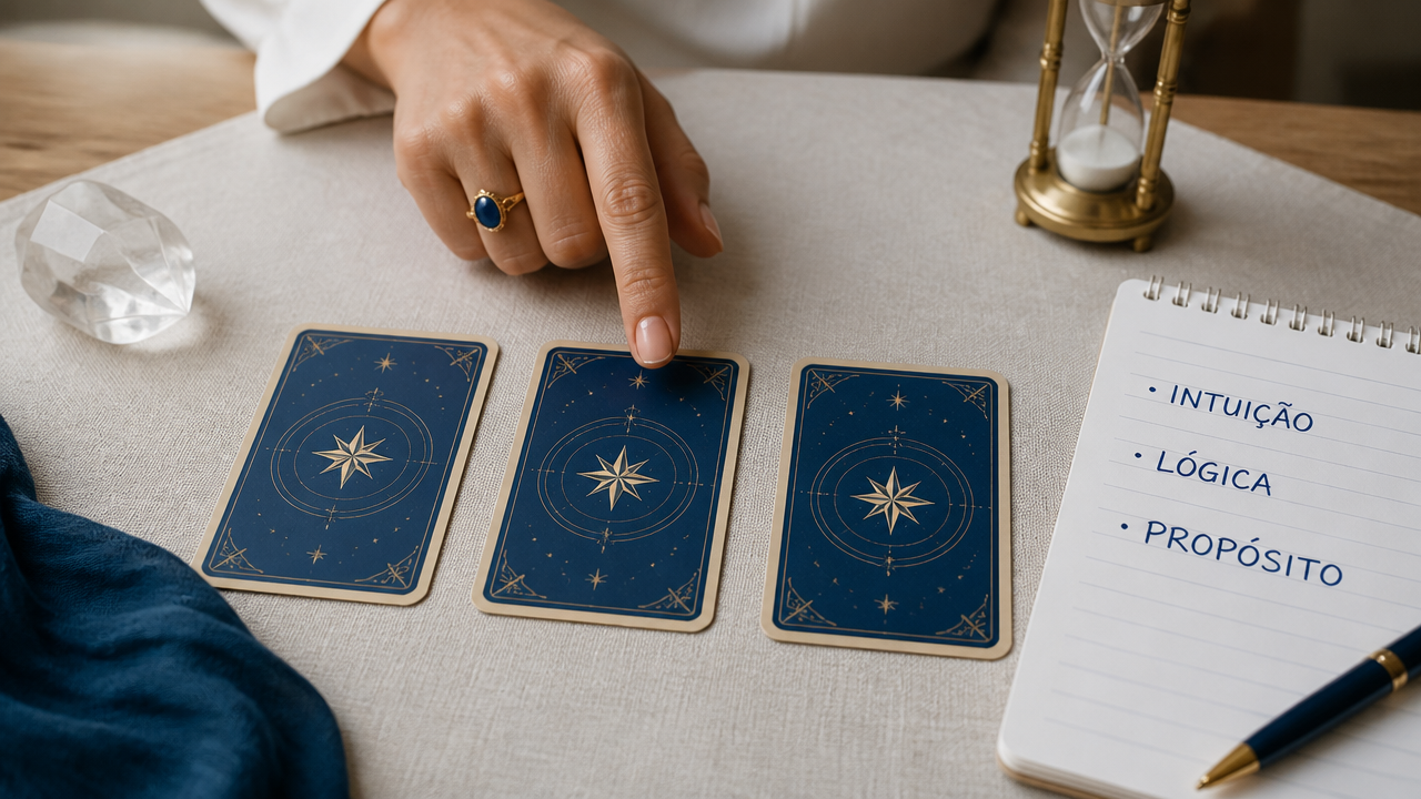 Mesa com três cartas, bloco de notas e ampulheta, ilustrando um método rápido de leitura para tomar decisões.