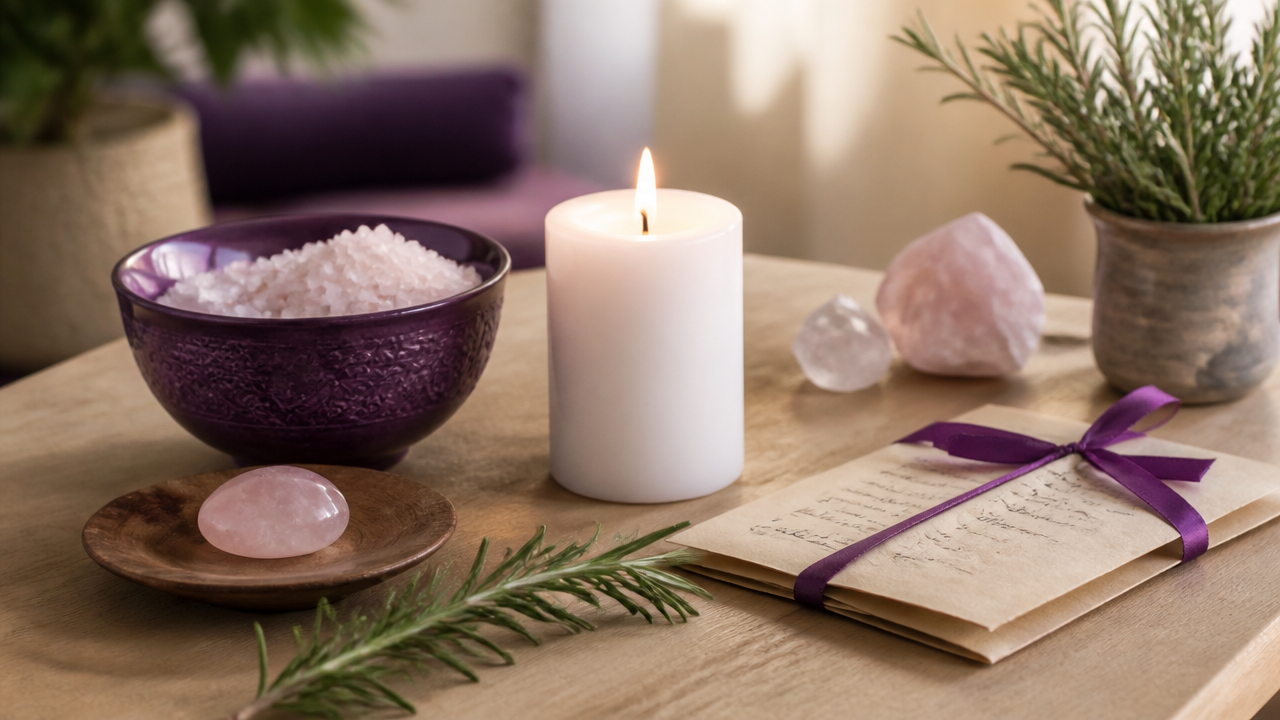 Mesa com vela branca, quartzo rosa, alecrim e sal grosso para simpatia de proteção amorosa