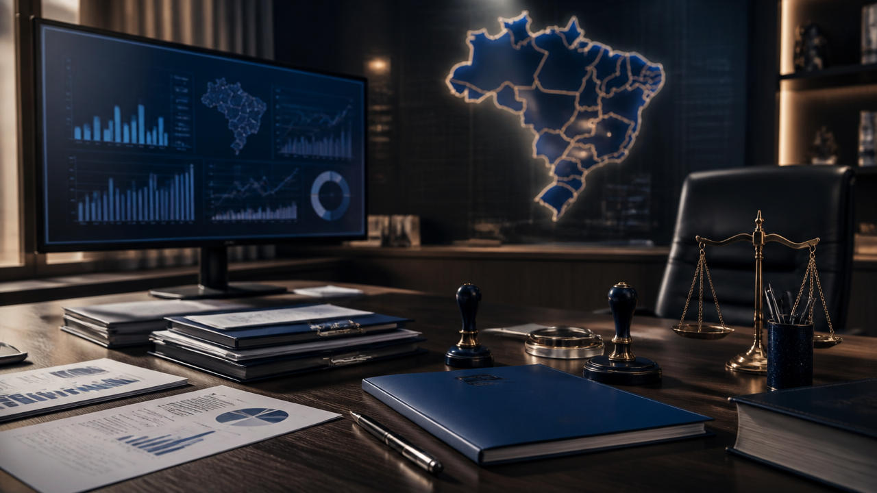 Mesa corporativa com documentos tributários e painel analítico, representando segurança jurídica dos incentivos de ICMS no Brasil