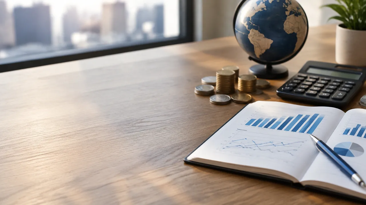 Mesa de análise econômica com calculadora e gráficos abstratos sobre comparação do PIB