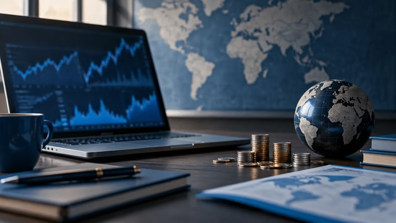 Mesa de análise financeira com mapa-múndi, moedas e gráficos abstratos sobre investimentos internacionais