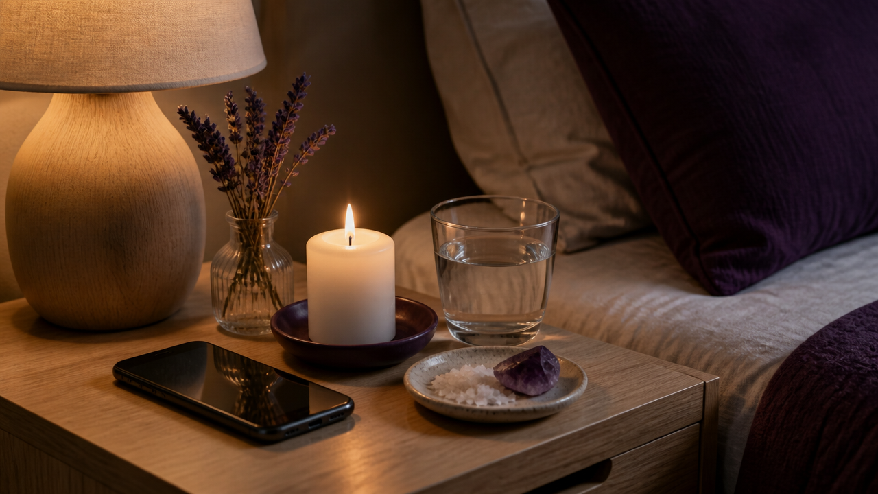 Mesa de cabeceira com celular desligado, vela, lavanda e ametista para um ritual de calma noturna