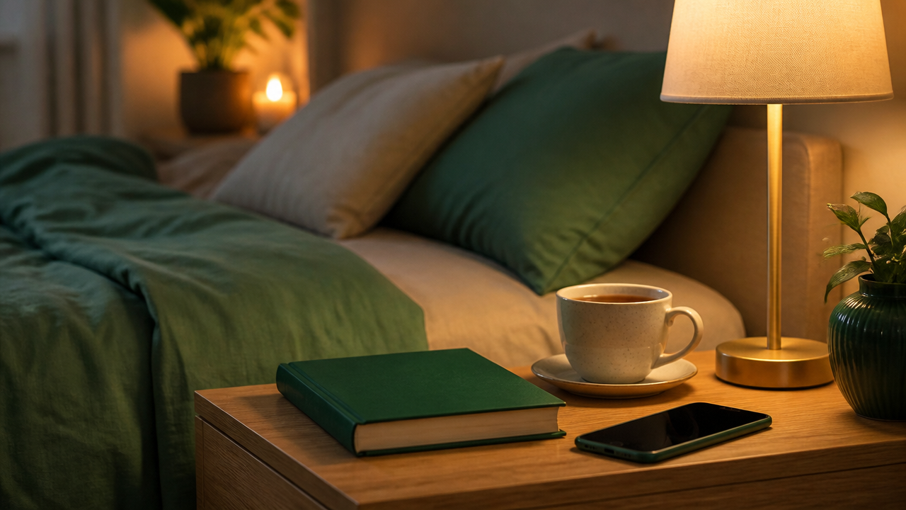 Mesa de cabeceira com chá, livro e celular virado para baixo em rotina noturna saudável