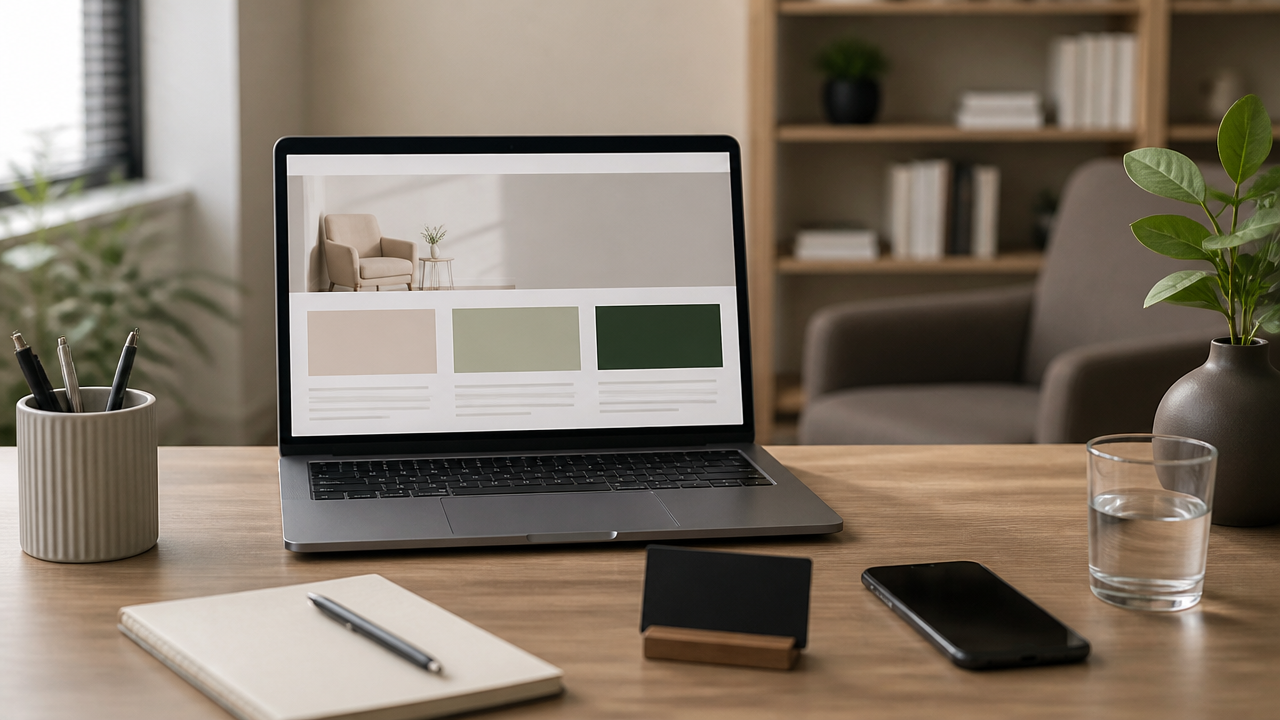 Mesa de consultório com site profissional aberto no notebook e materiais organizados, transmitindo seriedade e organização.