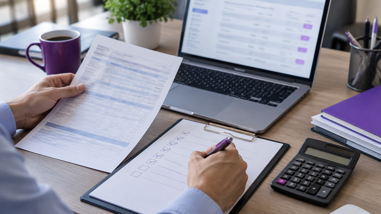 Mesa de escritório com checklist e computador usados para testar atualizações de NF-e