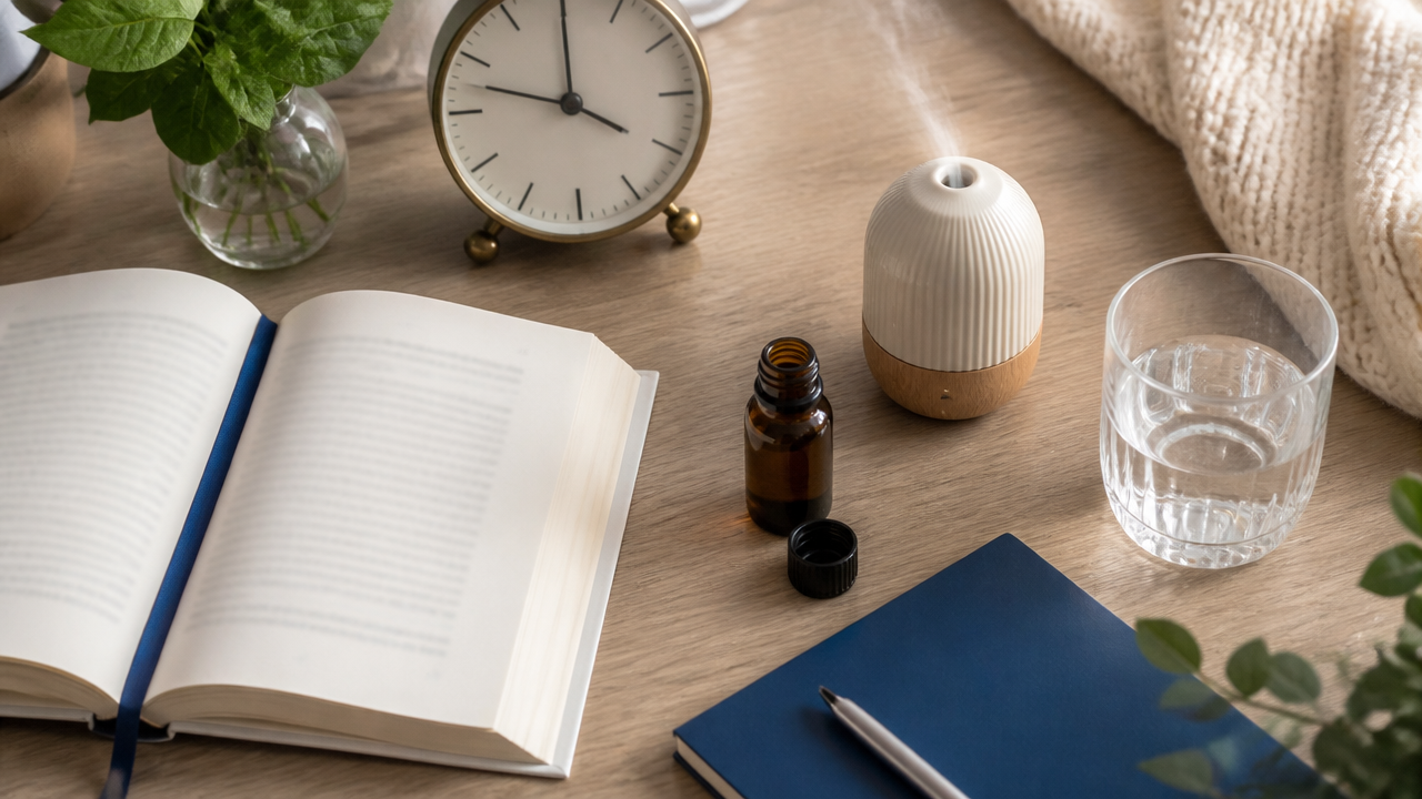 Mesa de estudos com difusor, livro aberto e materiais organizados para uma rotina de foco.