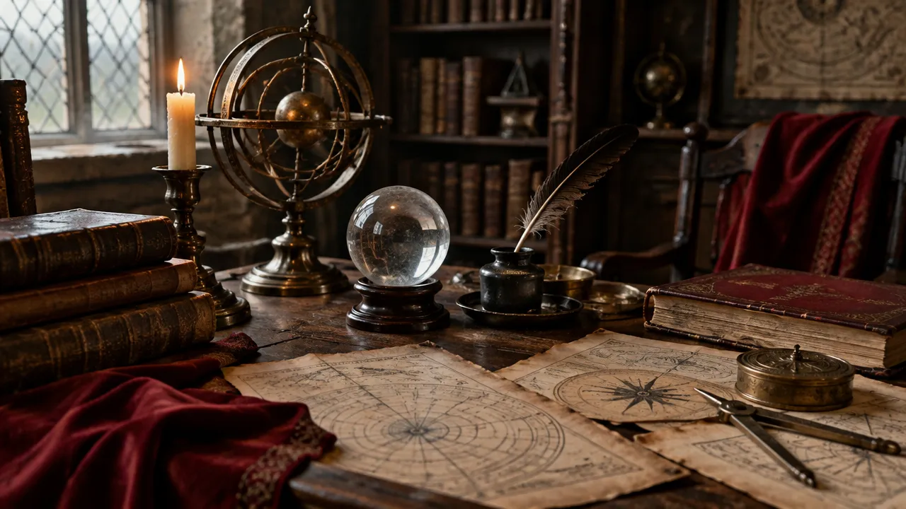Mesa de estudos inspirada no século XVI com manuscritos, mapas e cristal, associada às sessões de John Dee e Edward Kelley.