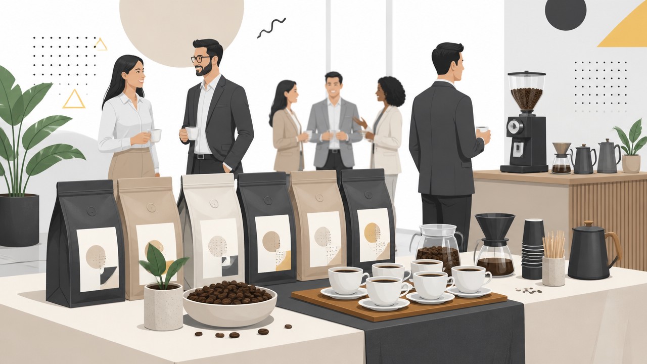 Mesa de evento corporativo com café personalizado e estação de preparo