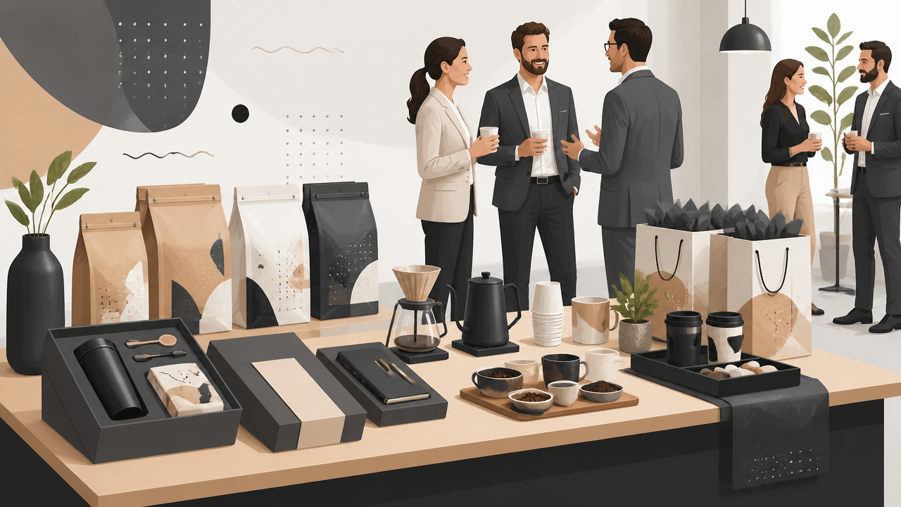 Mesa de evento corporativo com cafés personalizados, kits e estação de degustação