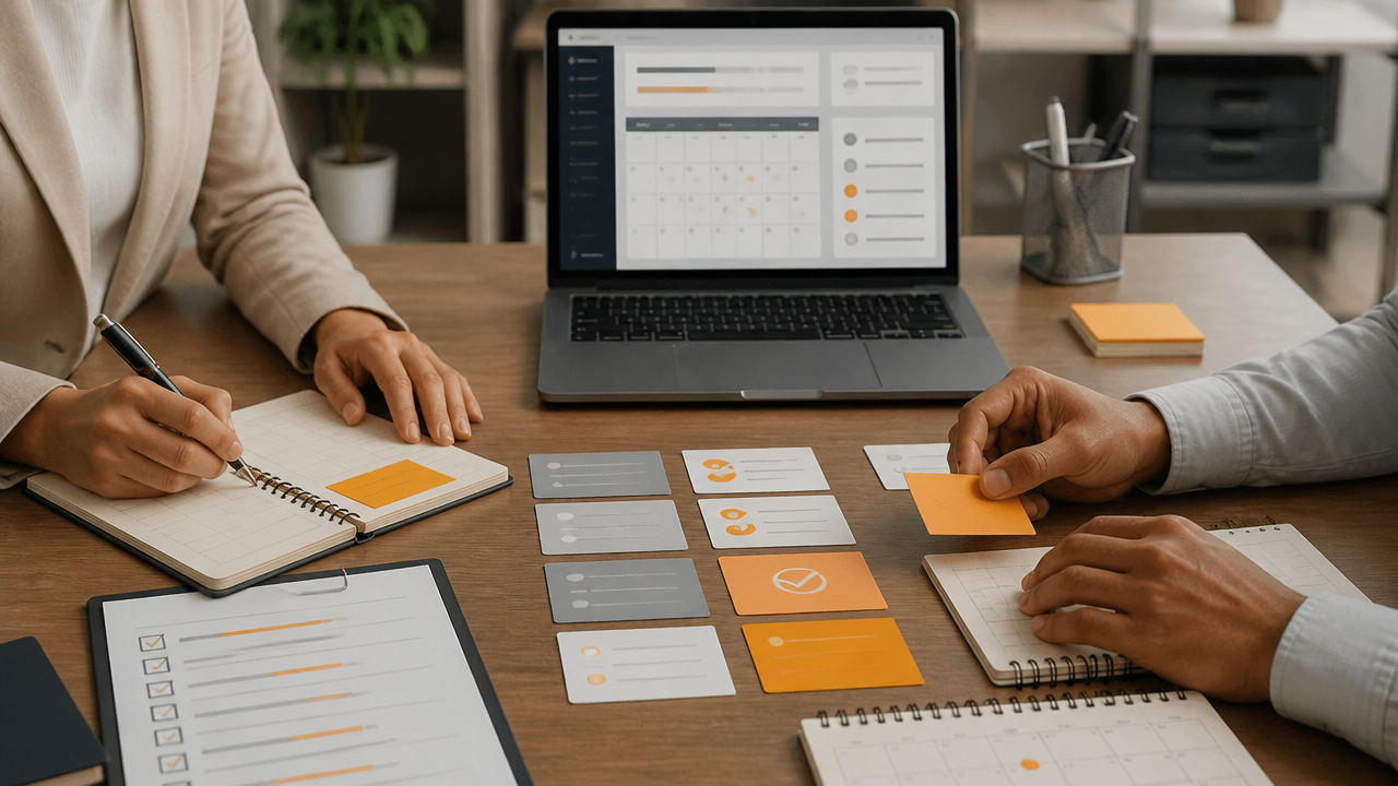 Mesa de gabinete com calendário, checklist e demandas organizadas por prioridade em um fluxo de trabalho claro.