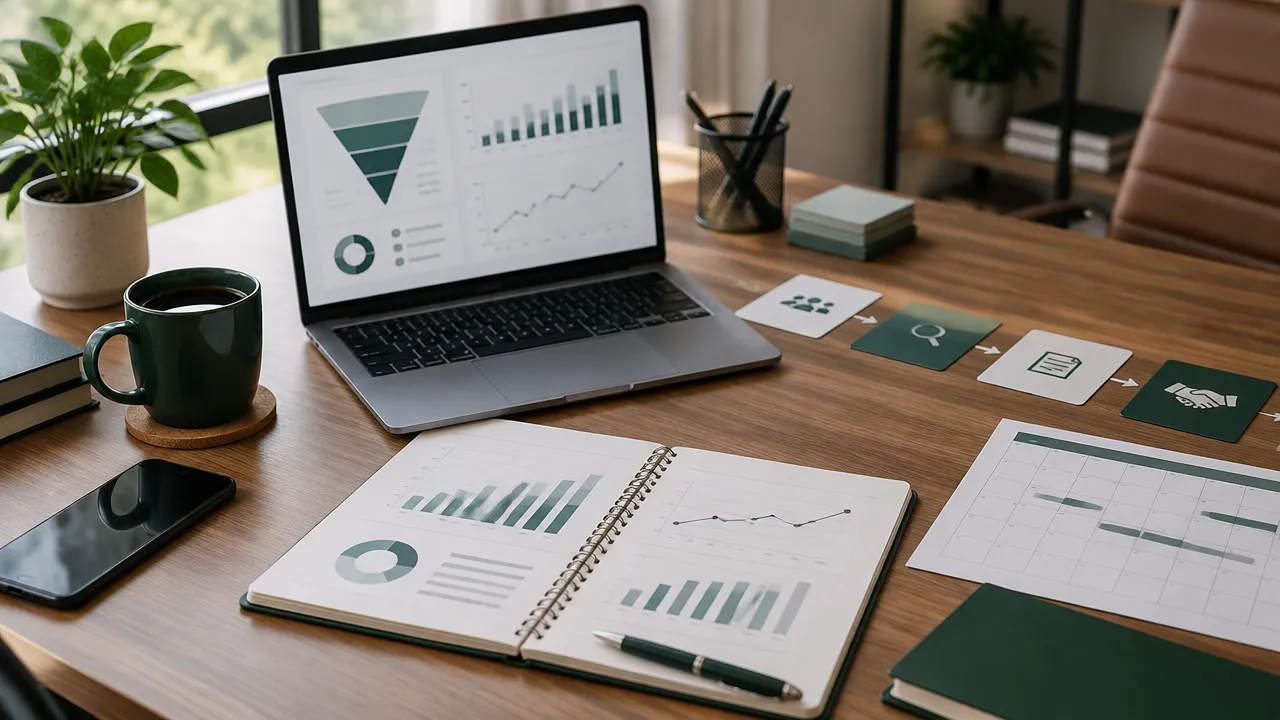 Mesa de planejamento com painel de funil e métricas para organizar a receita de uma empresa B2B