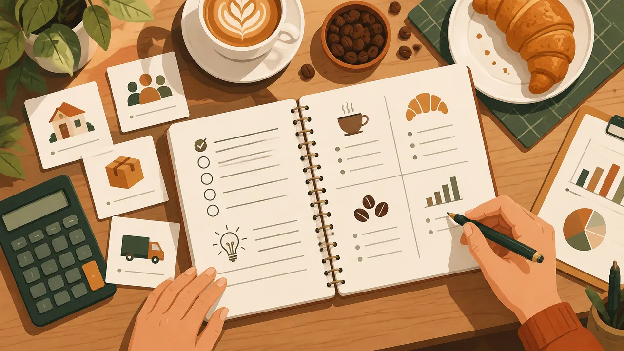 Mesa de planejamento de cafeteria com caderno, calculadora, café e itens que representam custos e fornecedores