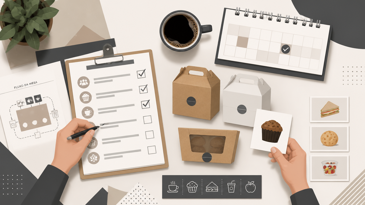 Mesa de planejamento de coffee break corporativo com checklist, cardápio e itens de organização visual.