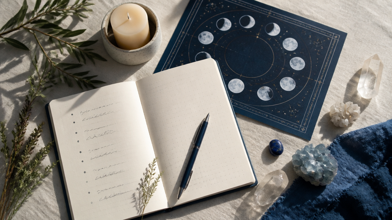 Mesa de planejamento de ritual lunar com caderno, cristais, ervas e calendário da lua