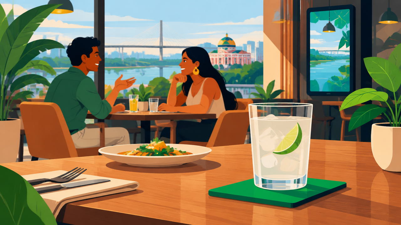 Mesa de restaurante com porta-copo sem marca e tela digital ao fundo, ilustrando a presença de marca no cotidiano do consumidor.