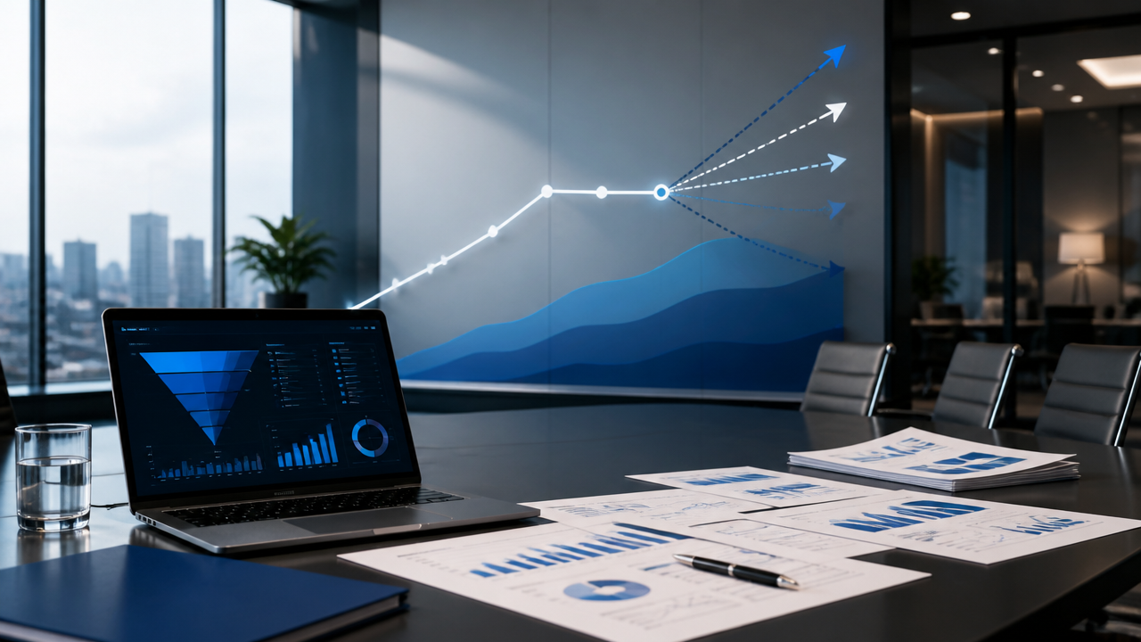 Mesa de reunião com dashboards de funil e gráfico mostrando o limite da capacidade atual e rotas de crescimento de uma empresa B2B