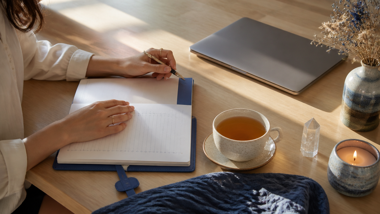 Mesa de trabalho com agenda, chá e cristal em ritual matinal antes do expediente