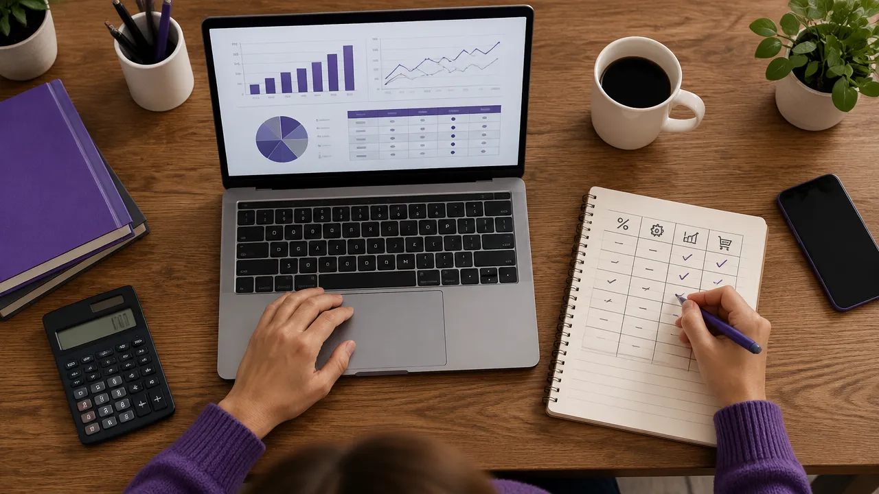 Mesa de trabalho com anotações e análise de comissões de programas de afiliados