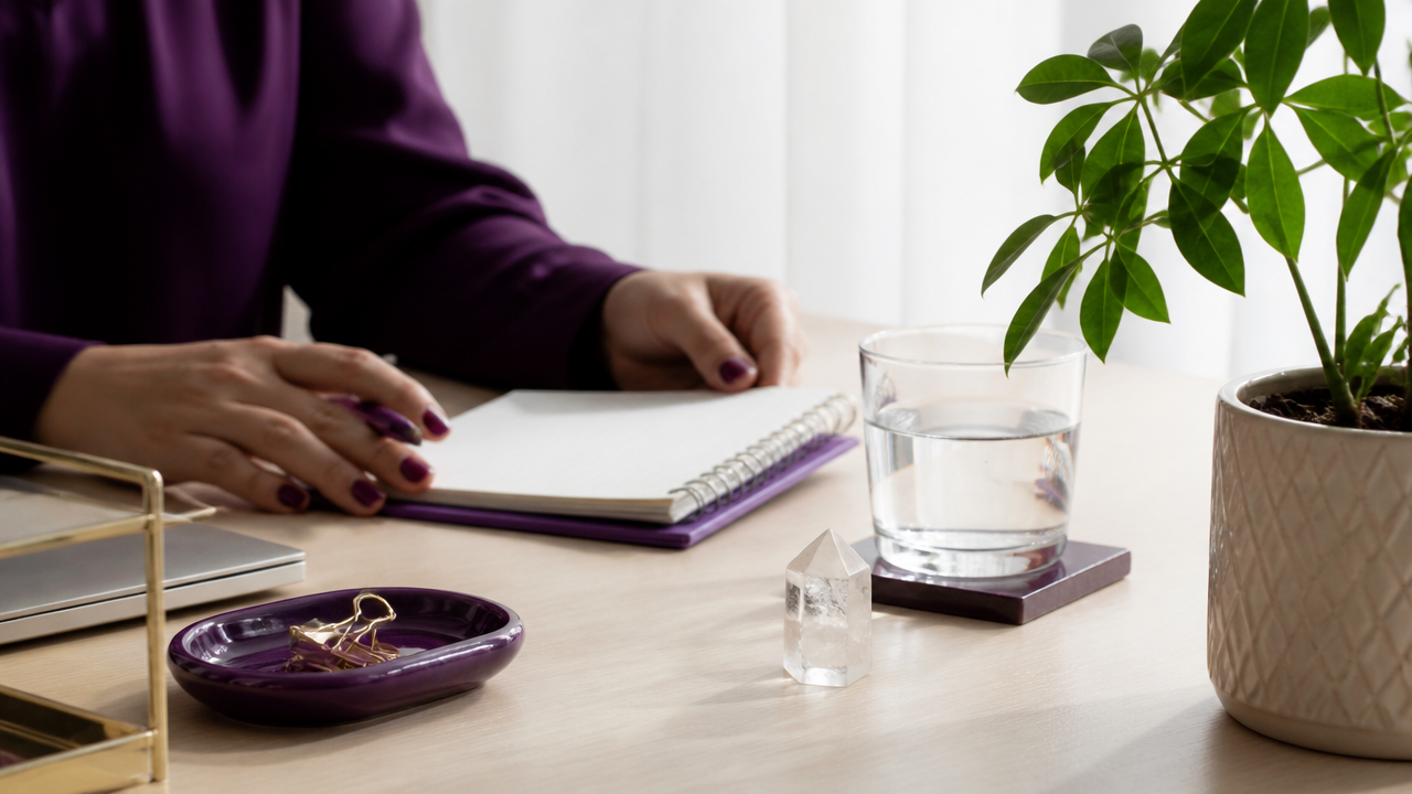 Mesa de trabalho com bloco de notas, água, planta e cristal em clima de foco