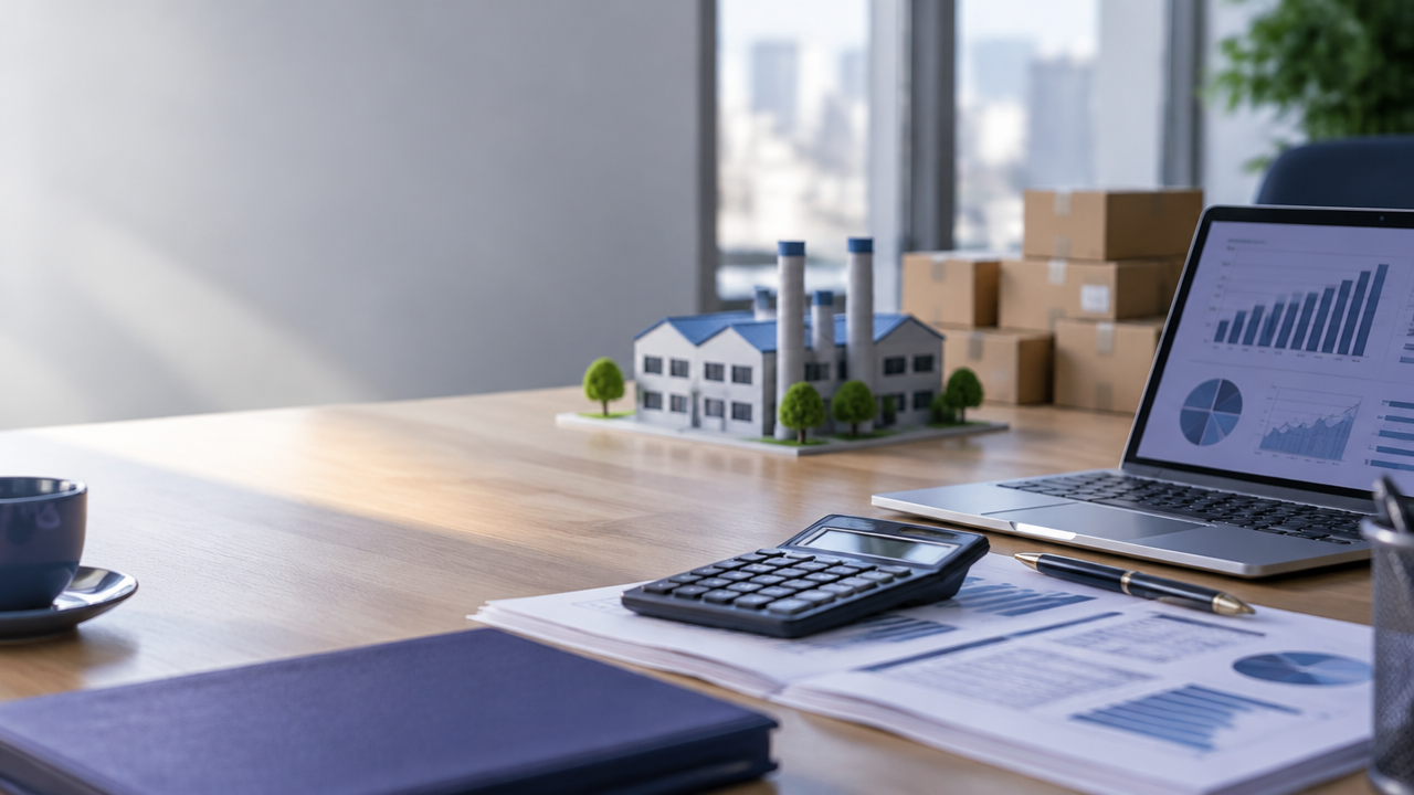 Mesa de trabalho com calculadora, relatórios fiscais e maquete de fábrica, representando a análise dos benefícios fiscais na reforma tributária.