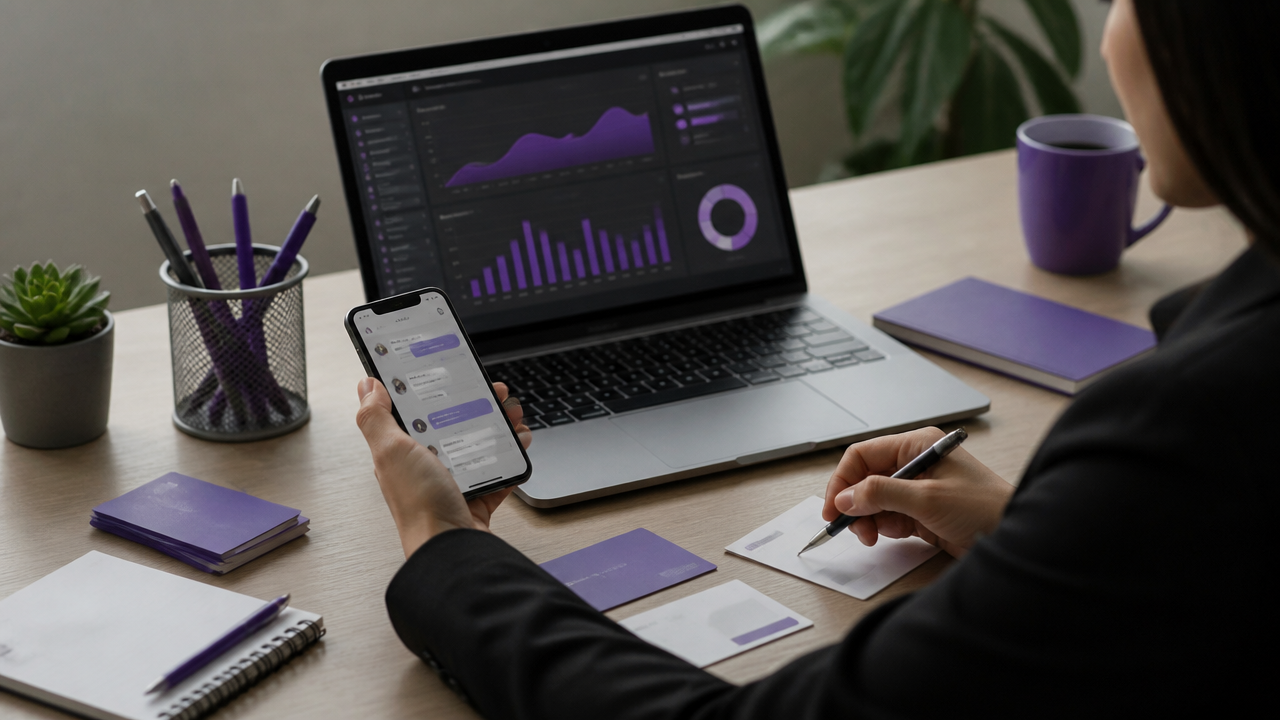 Mesa de trabalho com celular, notebook e materiais de acompanhamento de vendas pelas redes sociais
