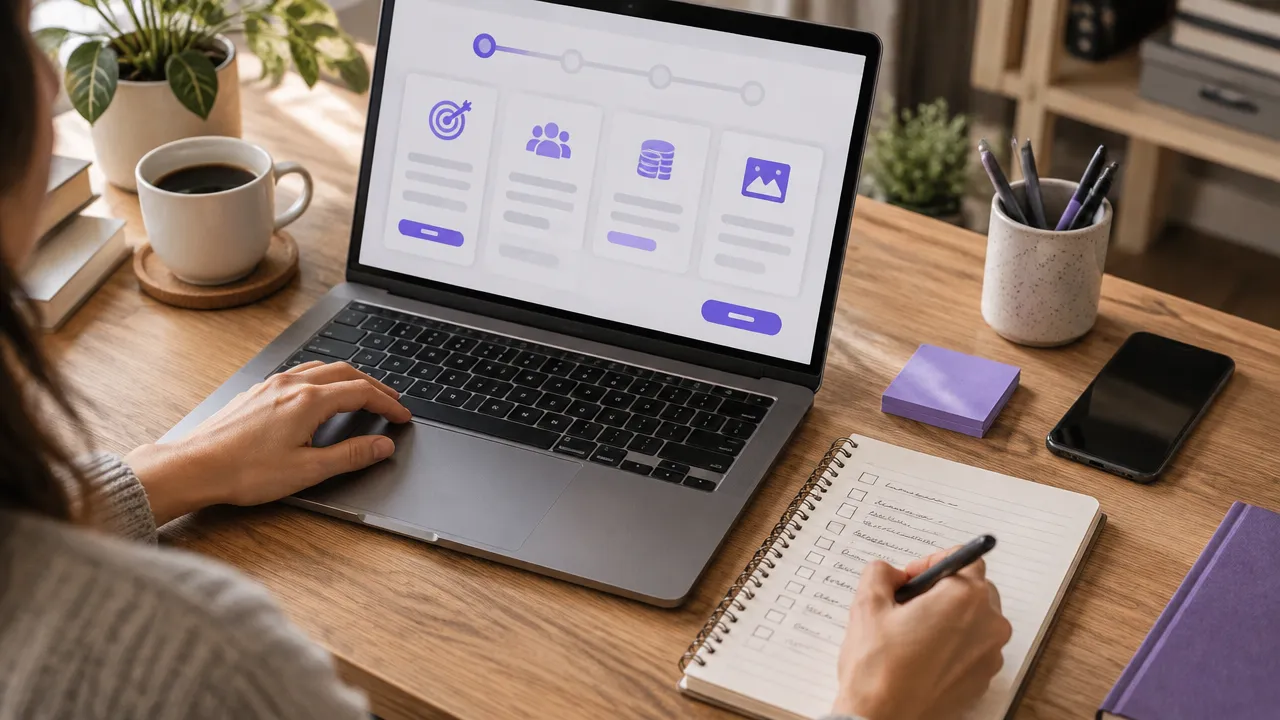 Mesa de trabalho com checklist para configurar uma campanha de anúncios digitais