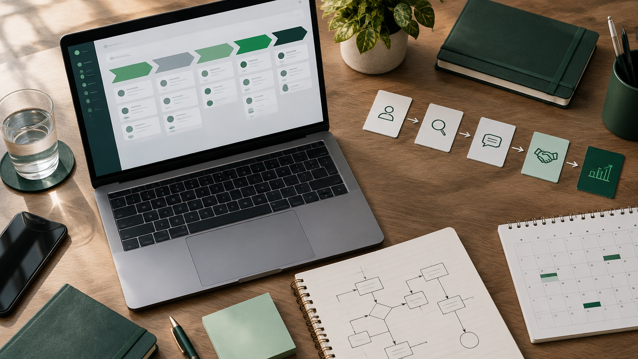 Mesa de trabalho com CRM e etapas organizadas de uma operação de prospecção B2B