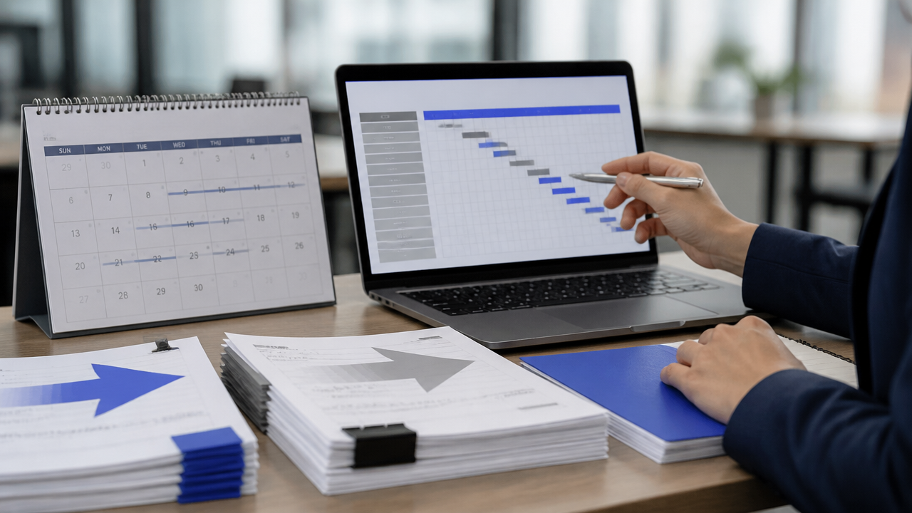 Mesa de trabalho com cronograma tributário, notebook e documentos organizados