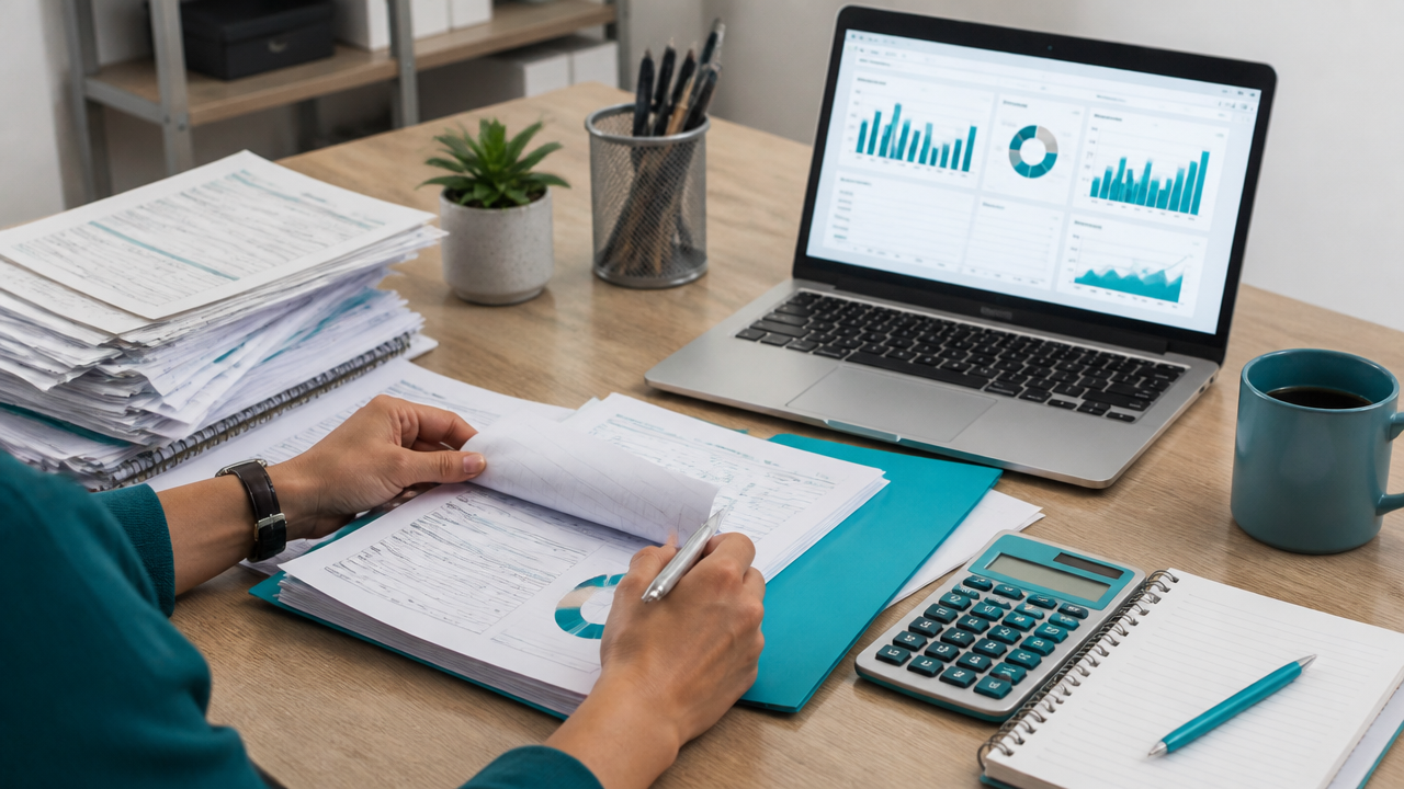 Mesa de trabalho com documentos financeiros sendo organizados ao lado de um painel de controle no notebook.