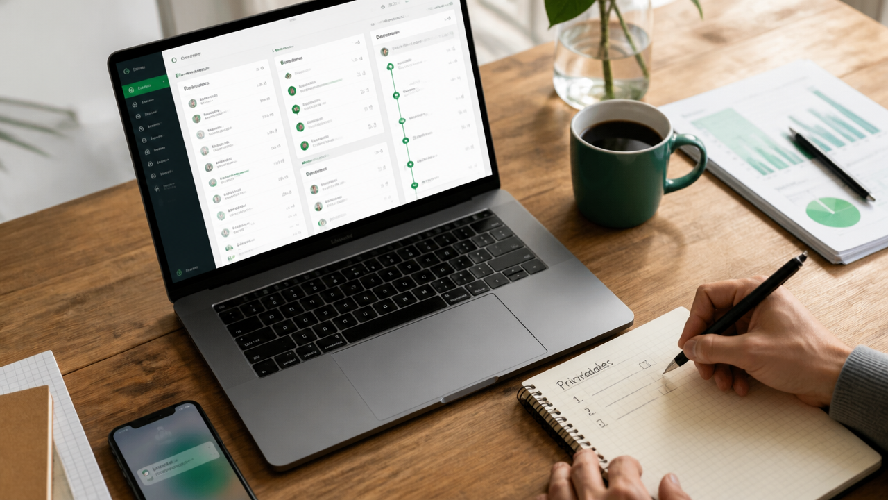 Mesa de trabalho com laptop, caderno e fluxo organizado de acompanhamento assíncrono