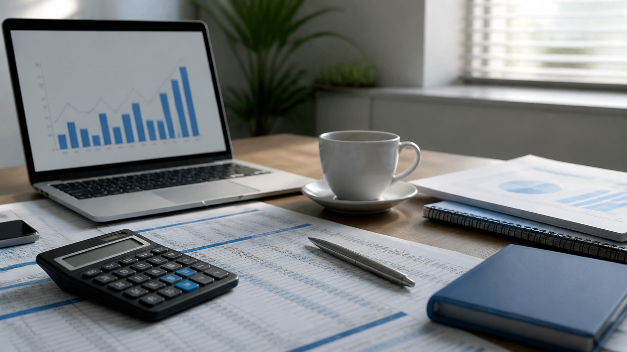 Mesa de trabalho com planilhas, calculadora e notebook usados na apuração tributária