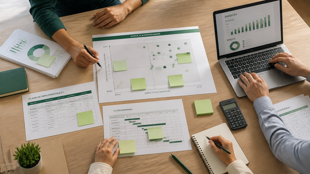 Mesa de trabalho com plano de implementação de reporte de sustentabilidade e indicadores climáticos