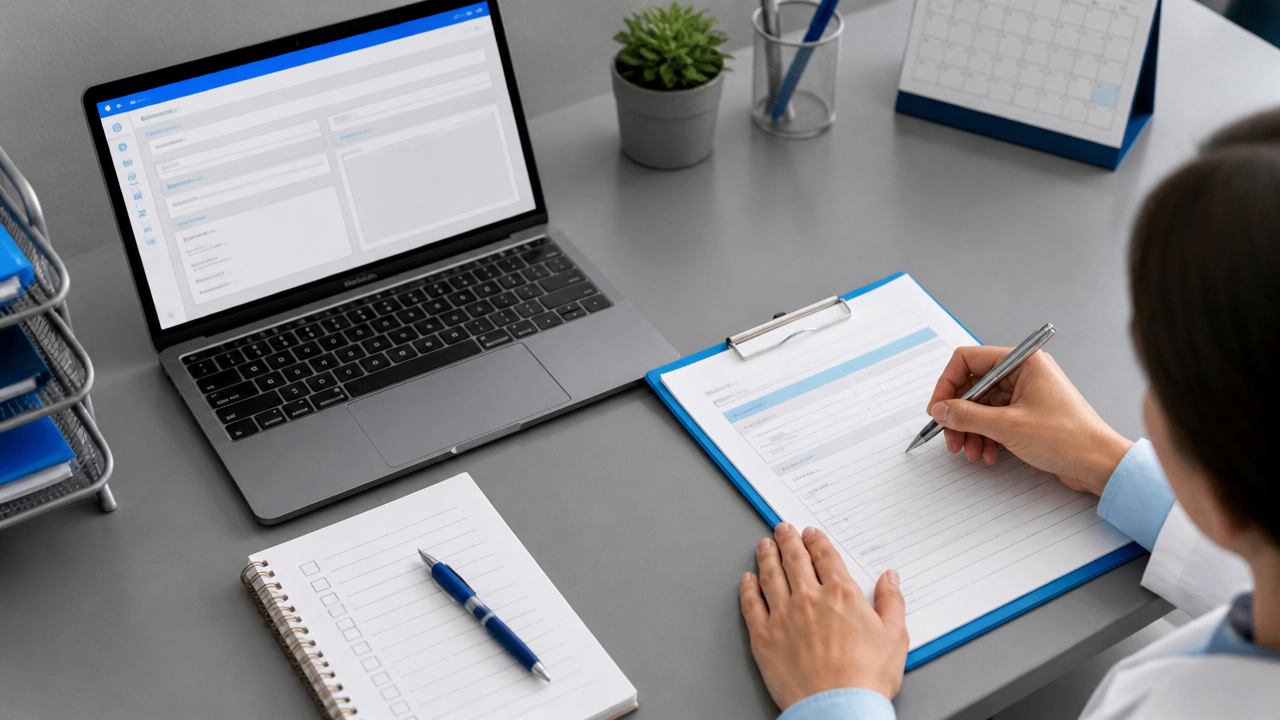 Mesa de trabalho com registro clínico estruturado e checklist de revisão
