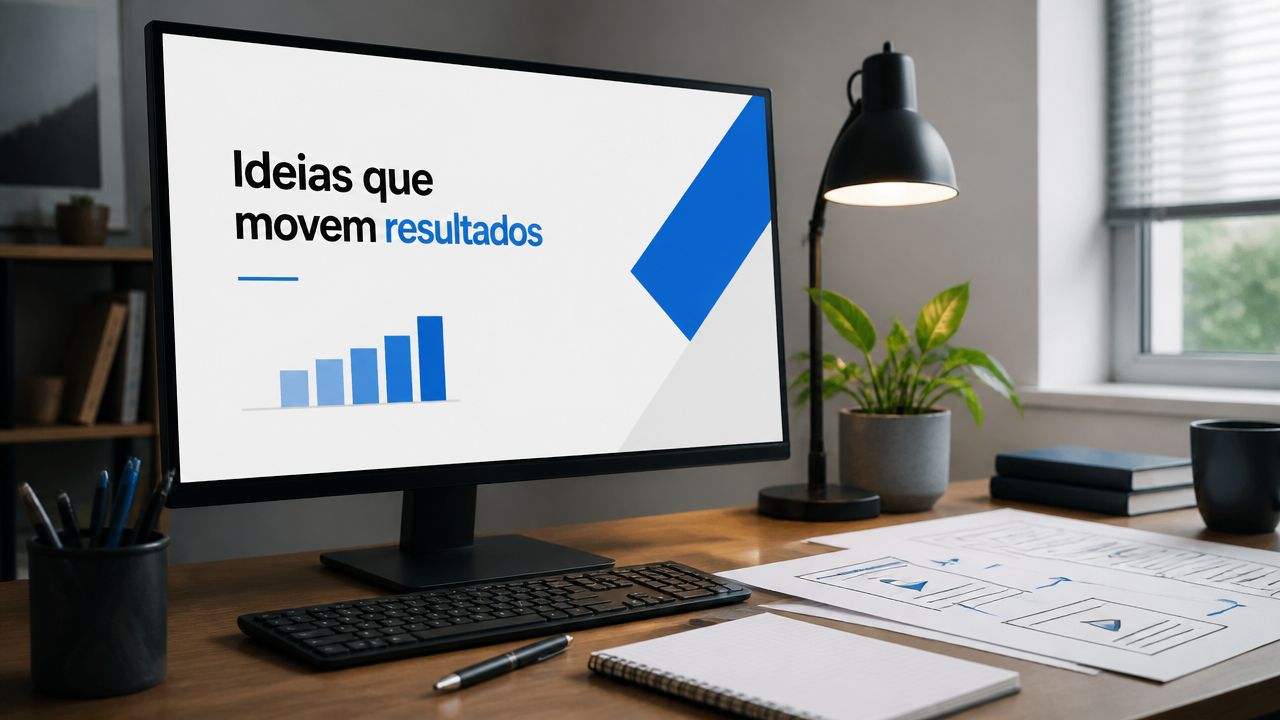 Mesa de trabalho com slide bem estruturado e rascunhos de narrativa visual.
