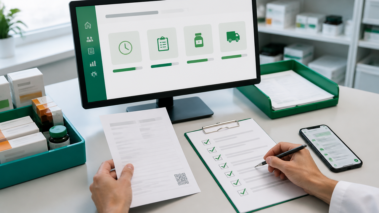 Mesa de trabalho com triagem de pedidos, checklist e canais de atendimento organizados