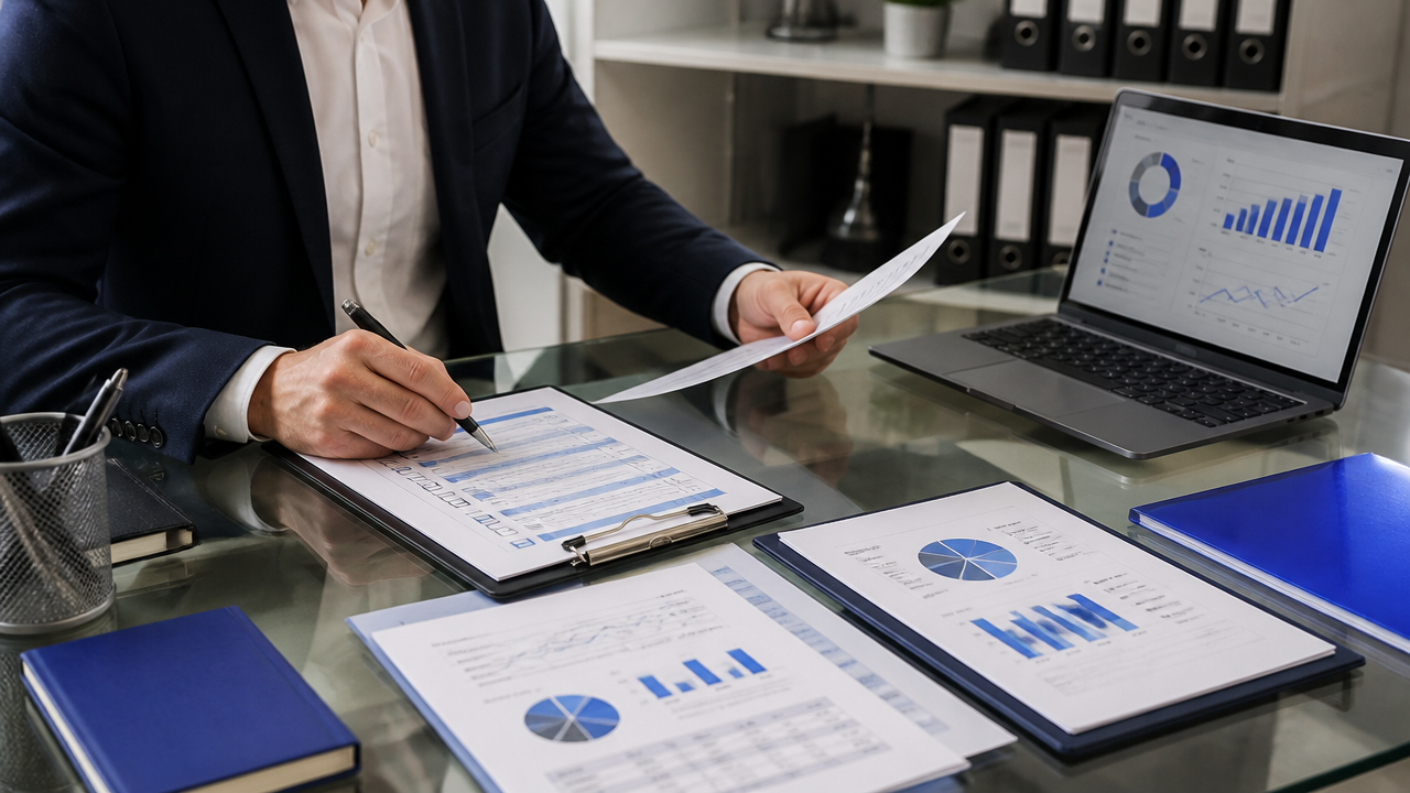 Mesa de trabalho de corretor de seguros com documentos, notebook e checklist de coberturas