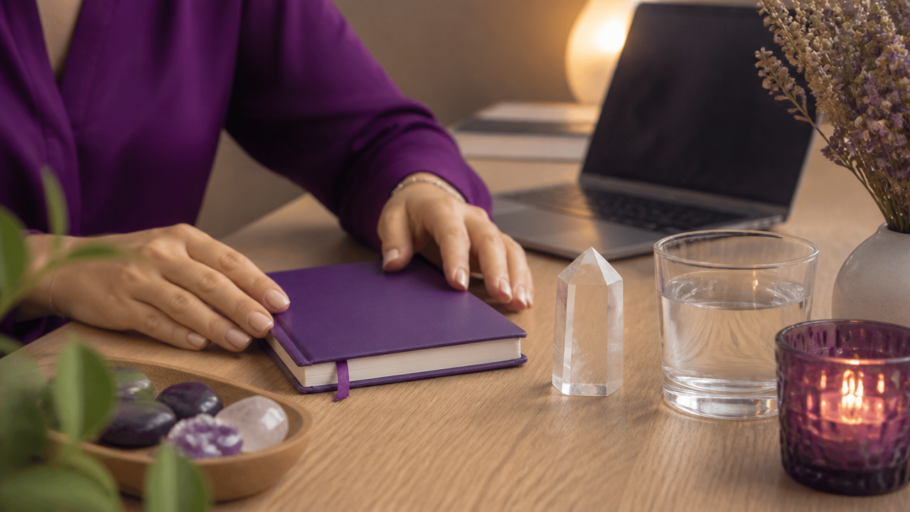 Mesa organizada com caderno, copo de água, cristal e notebook em preparação espiritual para entrevista online