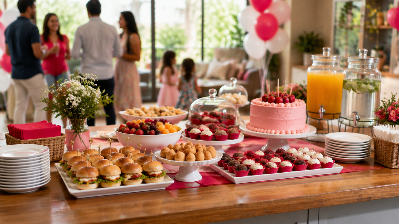 Mesa organizada com comidas, bebidas, bolo e doces para uma festa infantil