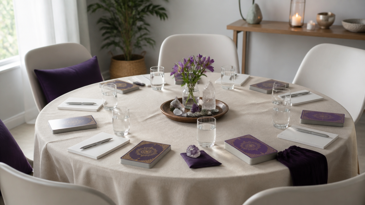Mesa organizada com lâminas, bloco de notas e cadeiras para uma vivência intuitiva