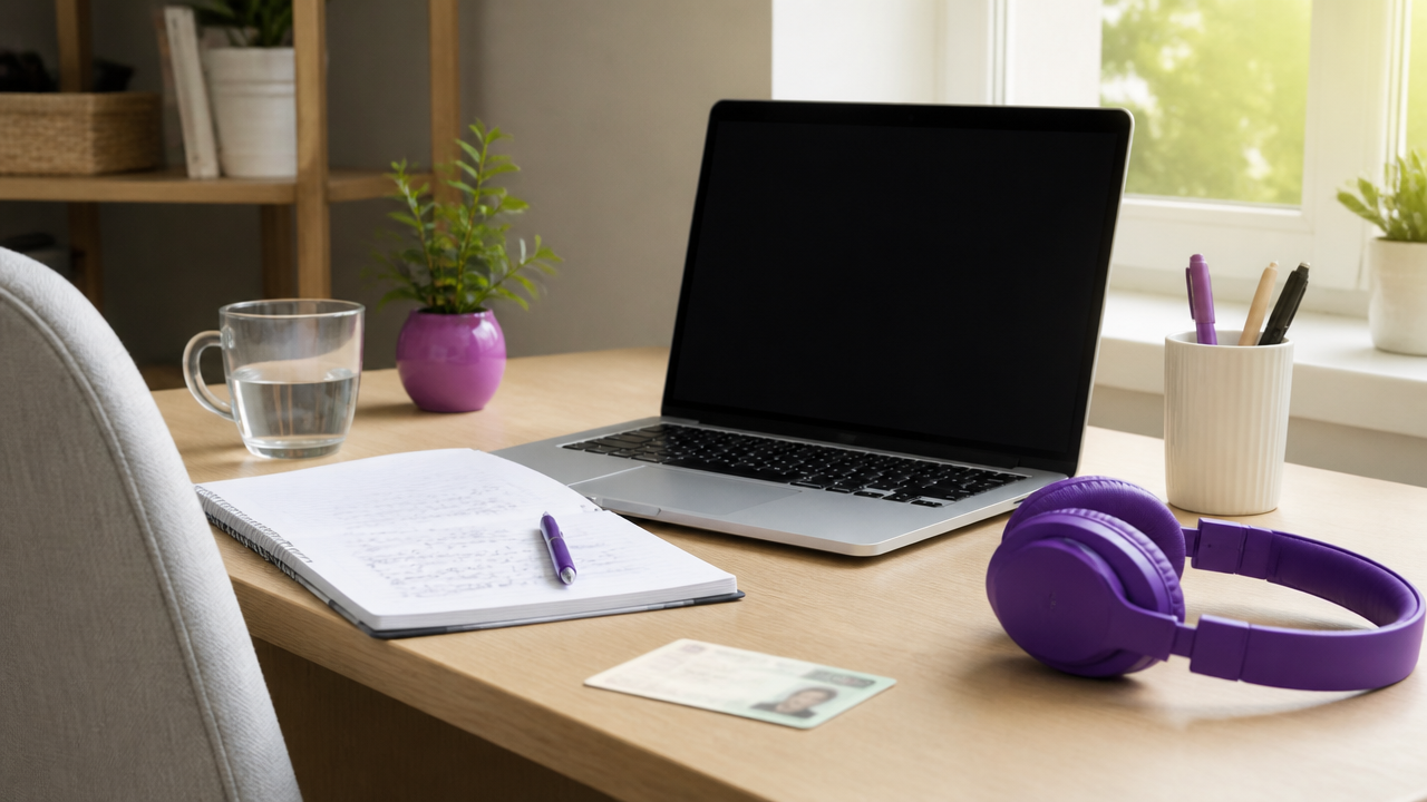 Mesa organizada com notebook, fones e anotações para uma consulta online