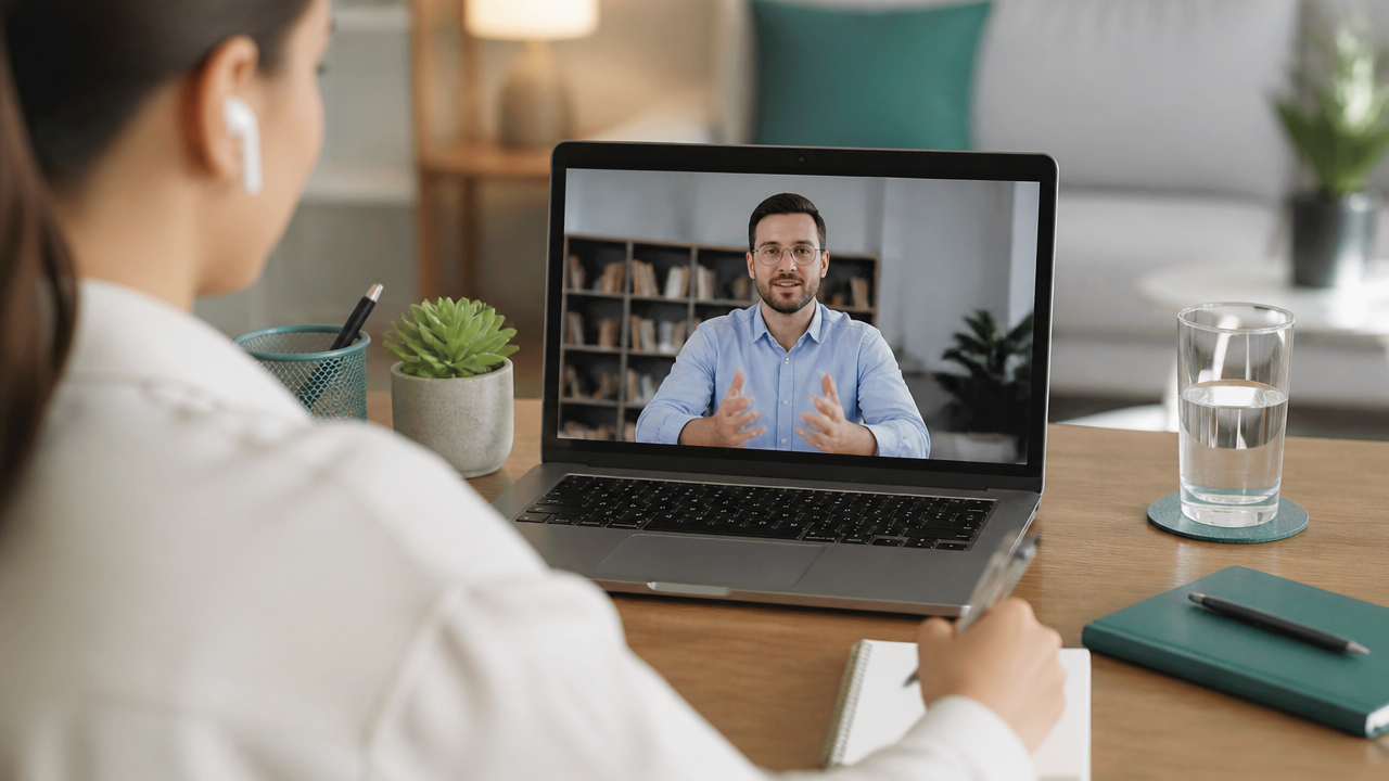 Mesa organizada para entrevista online com notebook, câmera posicionada corretamente e iluminação adequada.