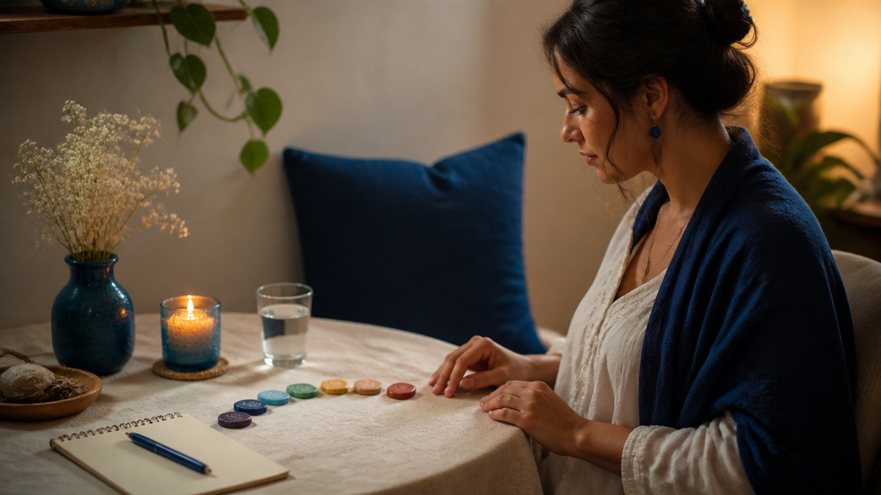 Mesa preparada com elementos simples e cores organizadas para uma leitura intuitiva e tranquila