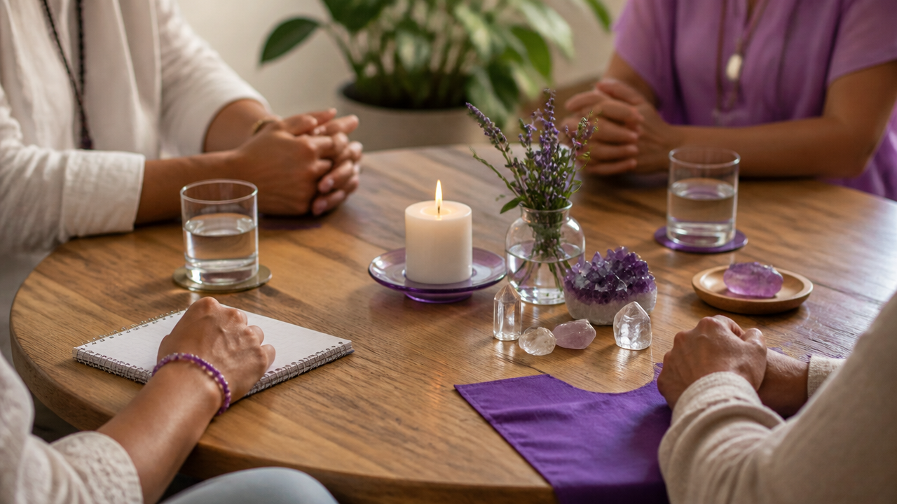 Mesa preparada para atendimento espiritual complementar com cristais, água e iluminação suave