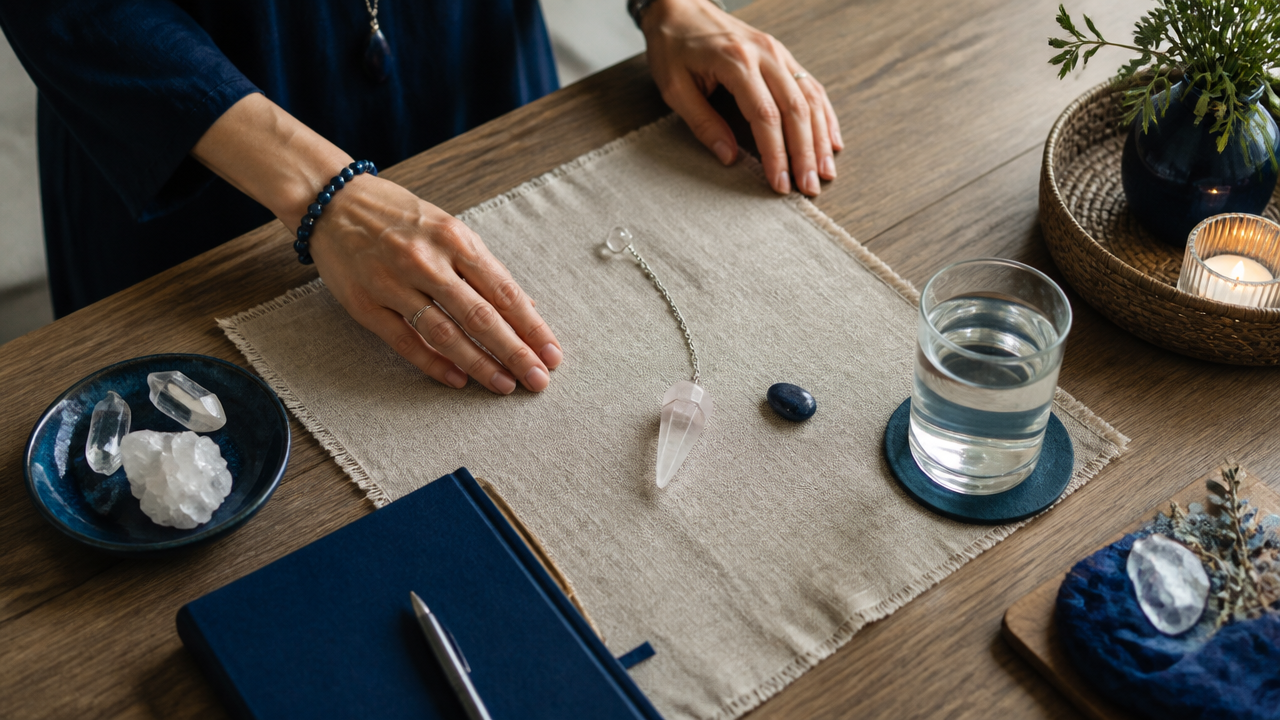 Mesa preparada para usar o pêndulo com caderno, água e ambiente tranquilo