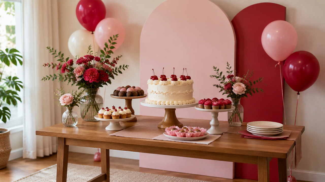 Mesa principal de festa com bolo, docinhos e decoração de cerejas organizada em diferentes alturas