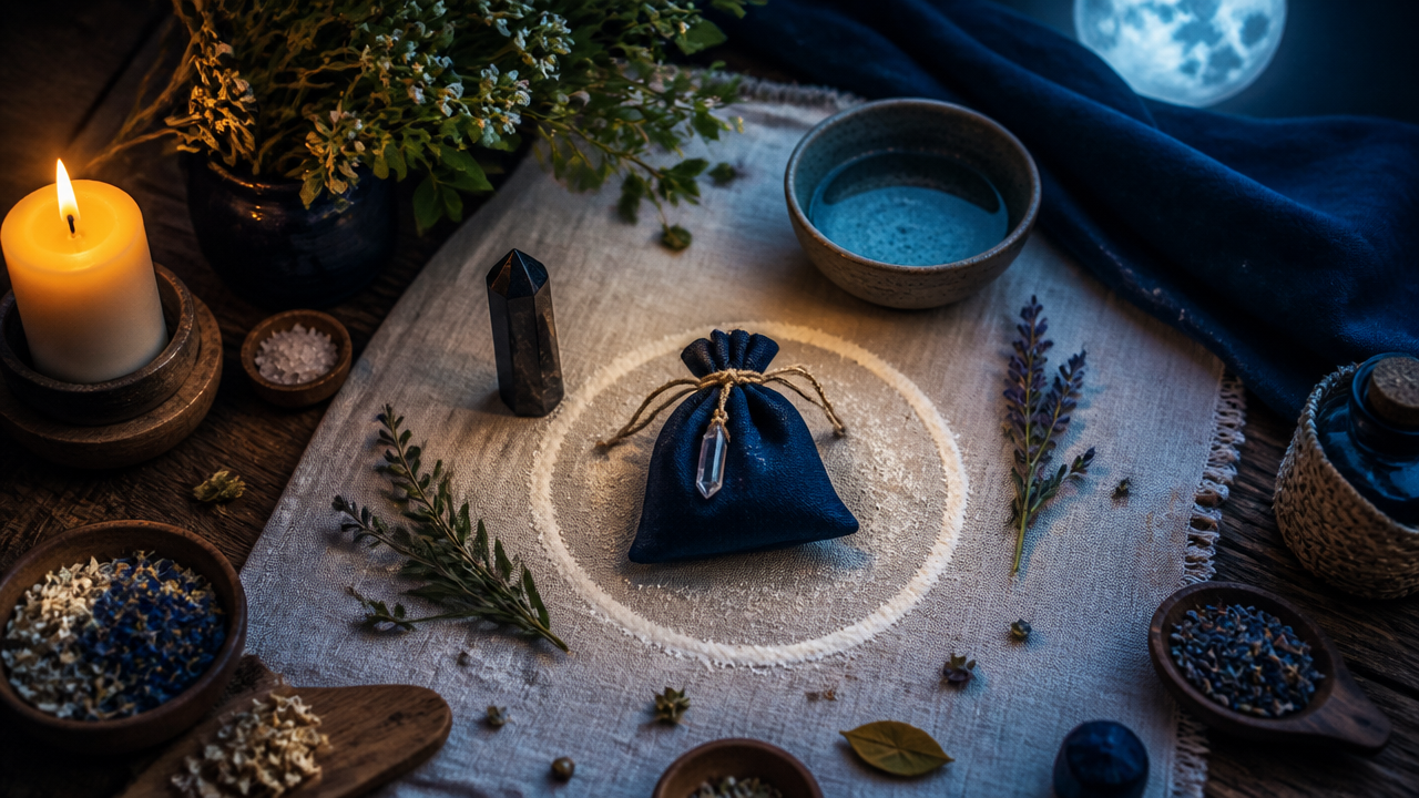 Mesa ritual com patuá, cristal e círculo de pó simbólico para consagração espiritual