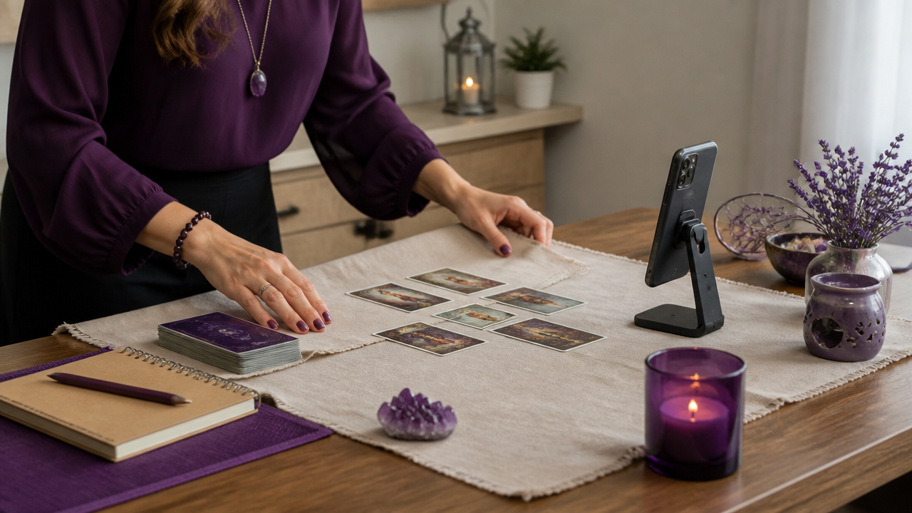 Mesa sendo preparada para uma leitura de tarot online com cartas, suporte para celular e cristal.