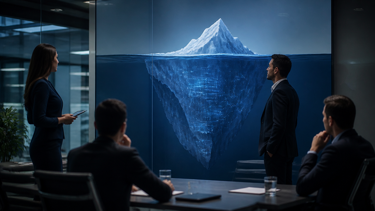 Metáfora visual de iceberg mostrando resultados visíveis de IA e a base estrutural escondida